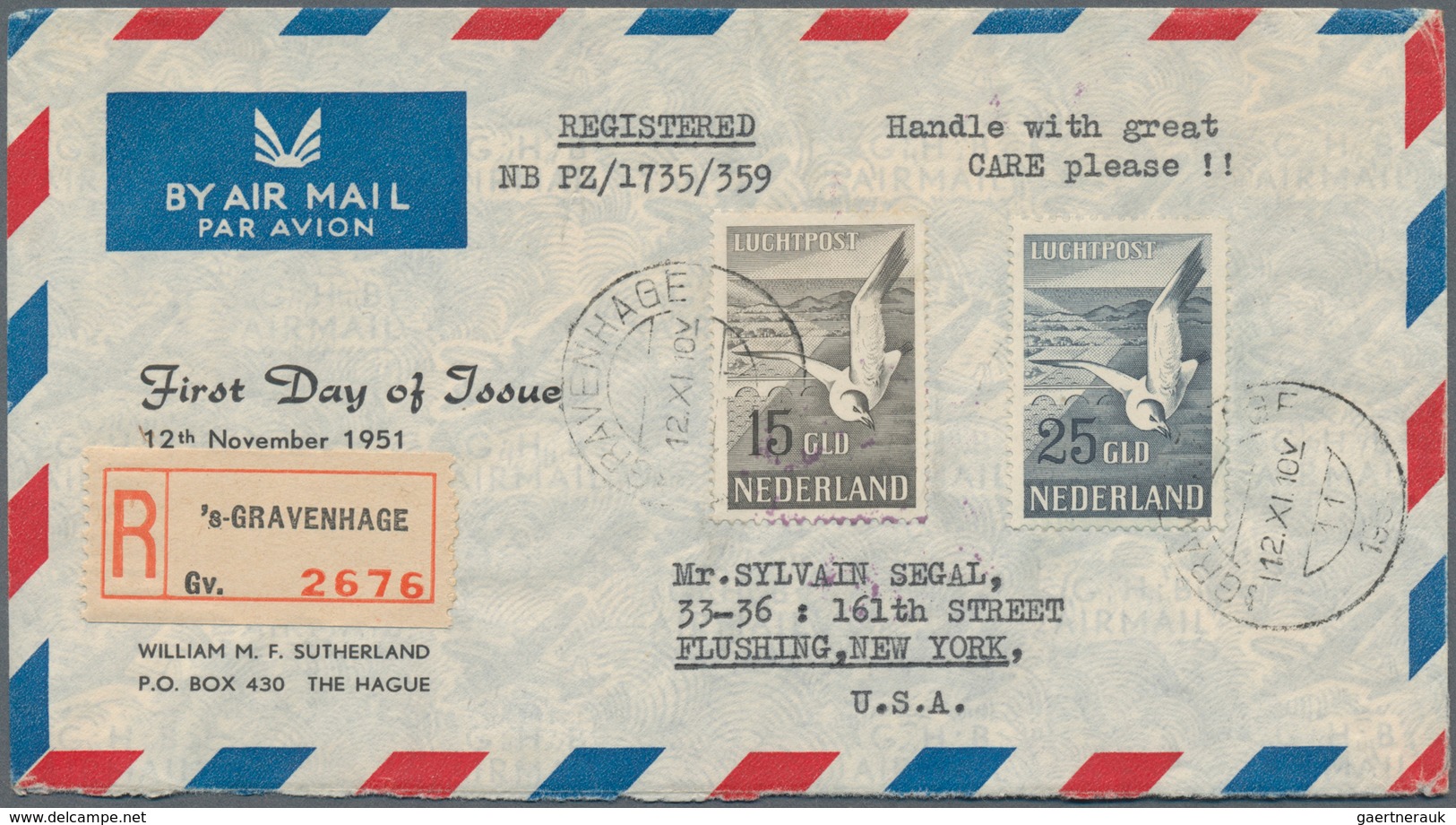 Niederlande: 1951, Airmail Stamps 15 Gld. And 25 Gld. 'Silver Gull' On Very Rare Airmail-r-letter To - Briefe U. Dokumente