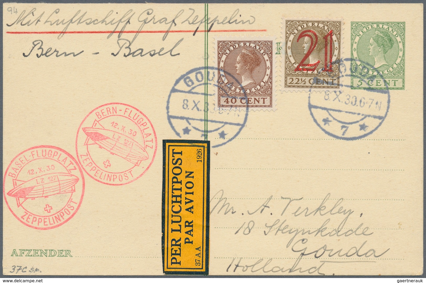 Niederlande - Ganzsachen: 1930, Niederlande/ Schweizer Zeppelinpost BERN-BASEL: Äußerst Seltene Zule - Ganzsachen
