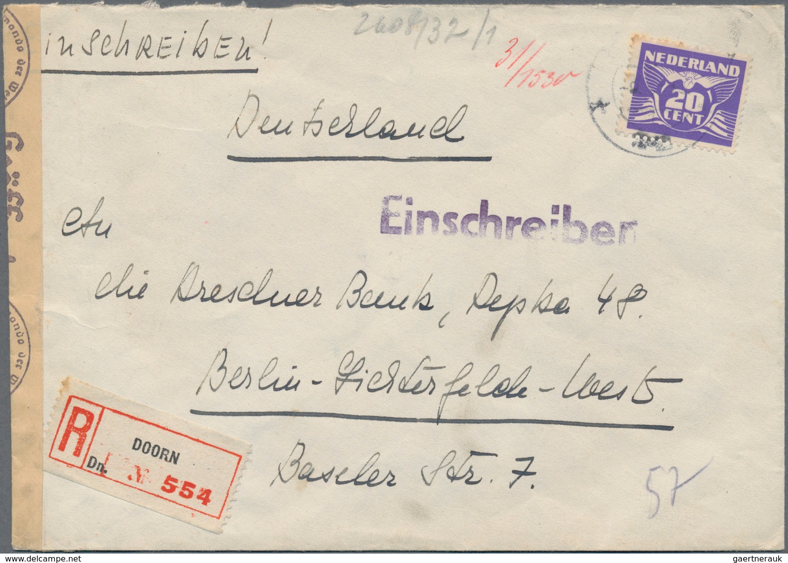 Niederlande - Besonderheiten: 1942, Registered Cover With Manuscript Sender "Prinzessin Henriette Vo - Sonstige & Ohne Zuordnung