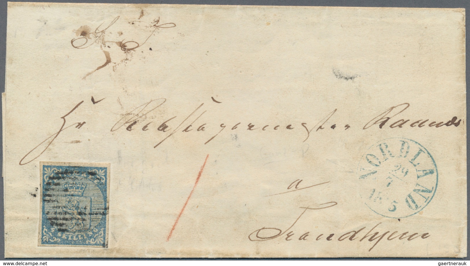 Norwegen: 1855 4s. Blue Used On Folded Cover From NORDLAND To Trondhjem, Cancelled By Circle Of Bars - Sonstige & Ohne Zuordnung