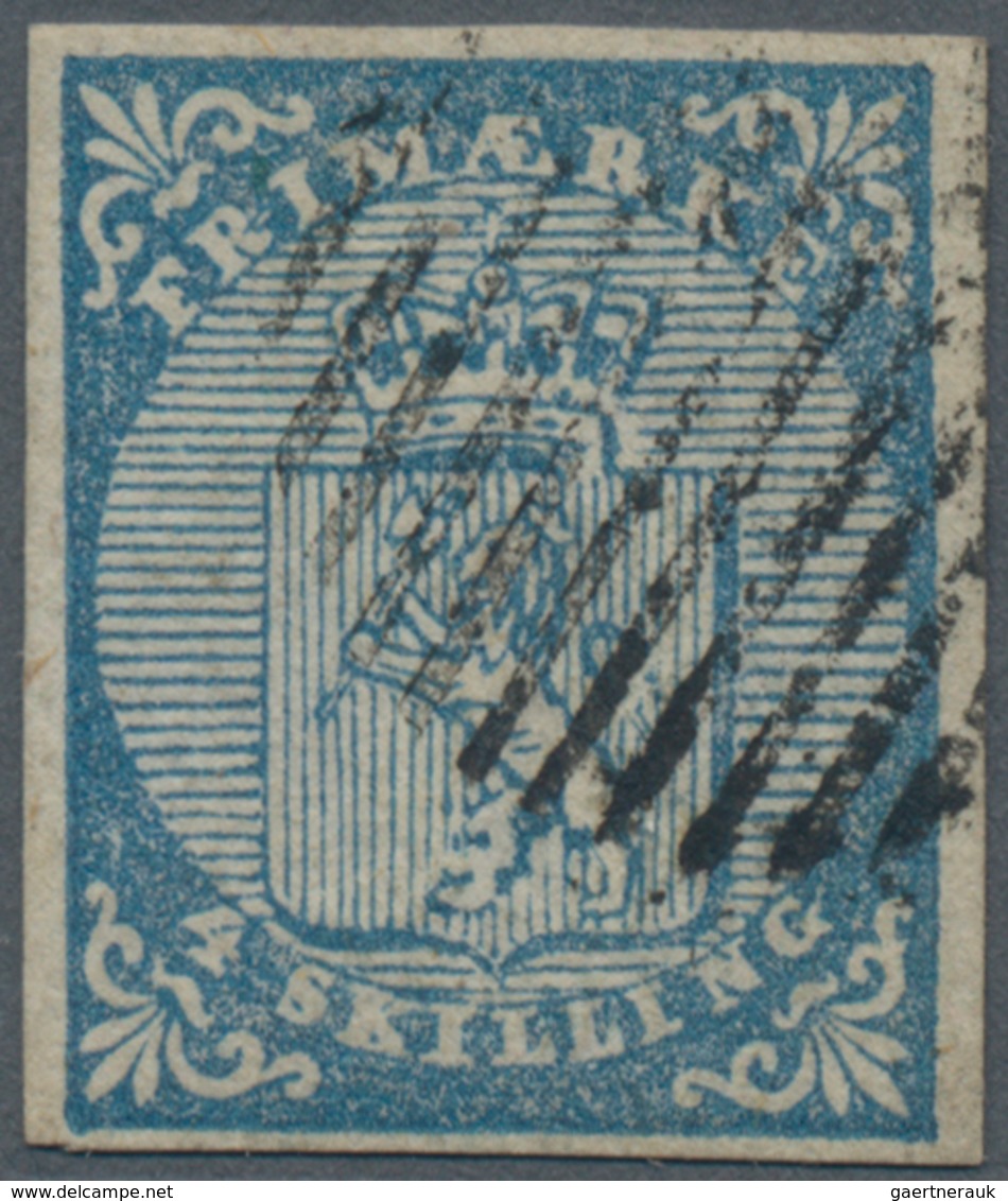 Norwegen: 1855 4s. Blue Showing Variety "DOUBLE FOOT", Used And Cancelled By Circle Of 11 Bars, Even - Andere & Zonder Classificatie