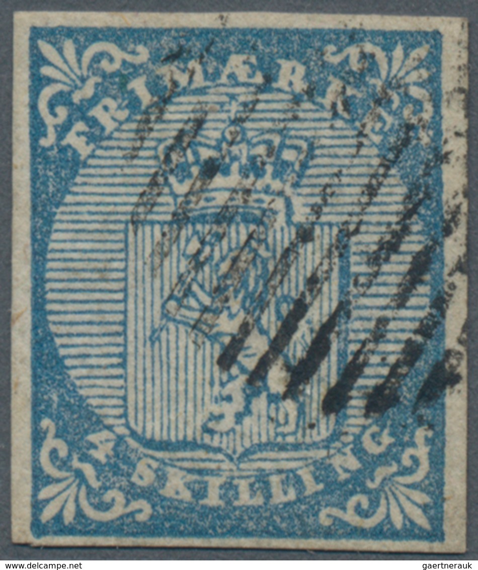 Norwegen: 1855 4s. Blue Showing Variety "DOUBLE FOOT", Used And Cancelled By Circle Of 11 Bars, Even - Other & Unclassified