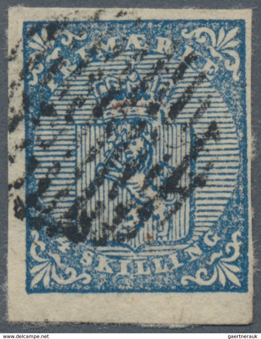 Norwegen: 1855 4s. Blue Showing Variety "DOUBLE FOOT", Used And Cancelled By Circle Of 11 Bars, Comp - Sonstige & Ohne Zuordnung