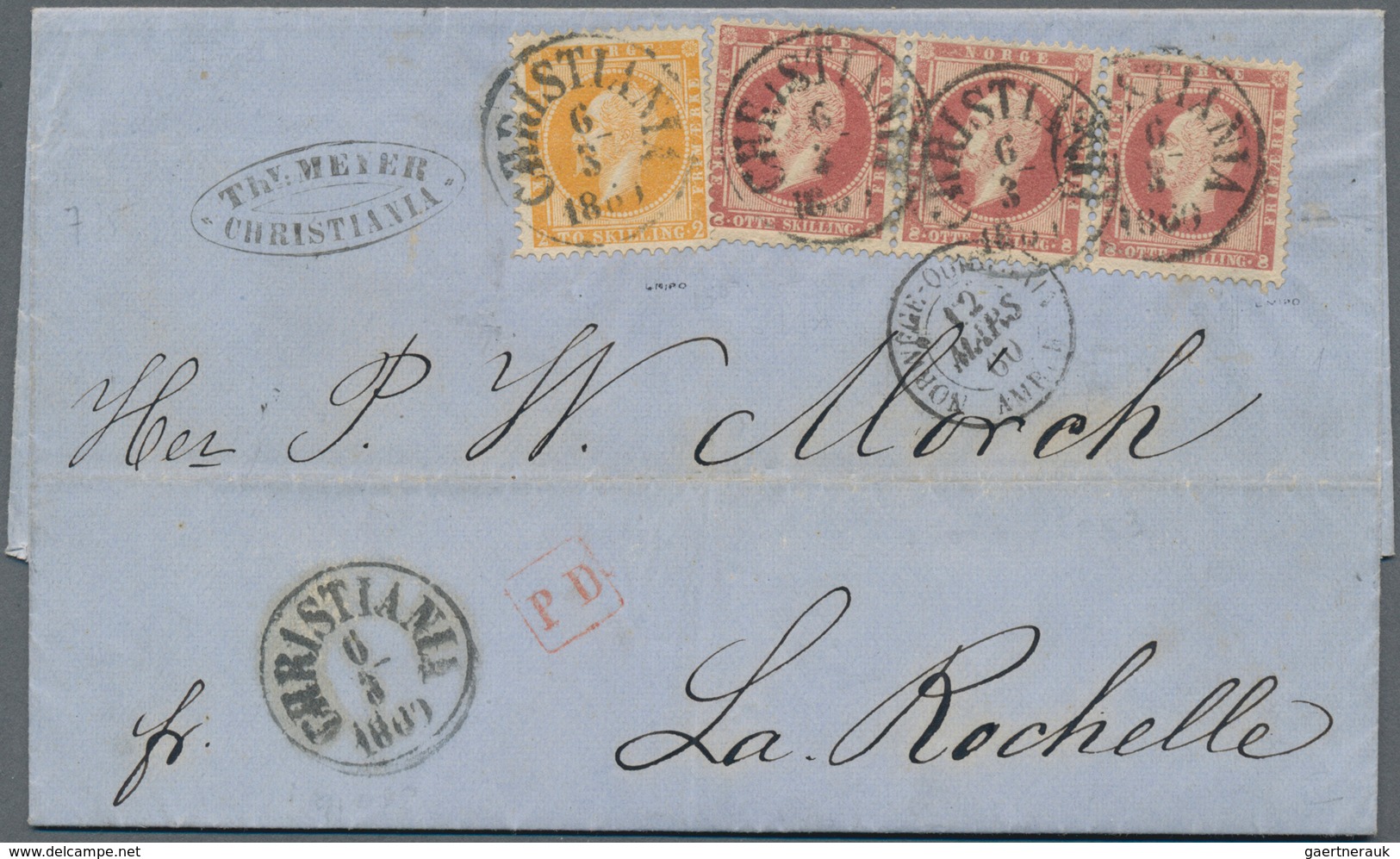 Norwegen: 1860 Cover From Christiania To La Rochelle Via Svinesund By French Ship And Via Paris, Fra - Andere & Zonder Classificatie