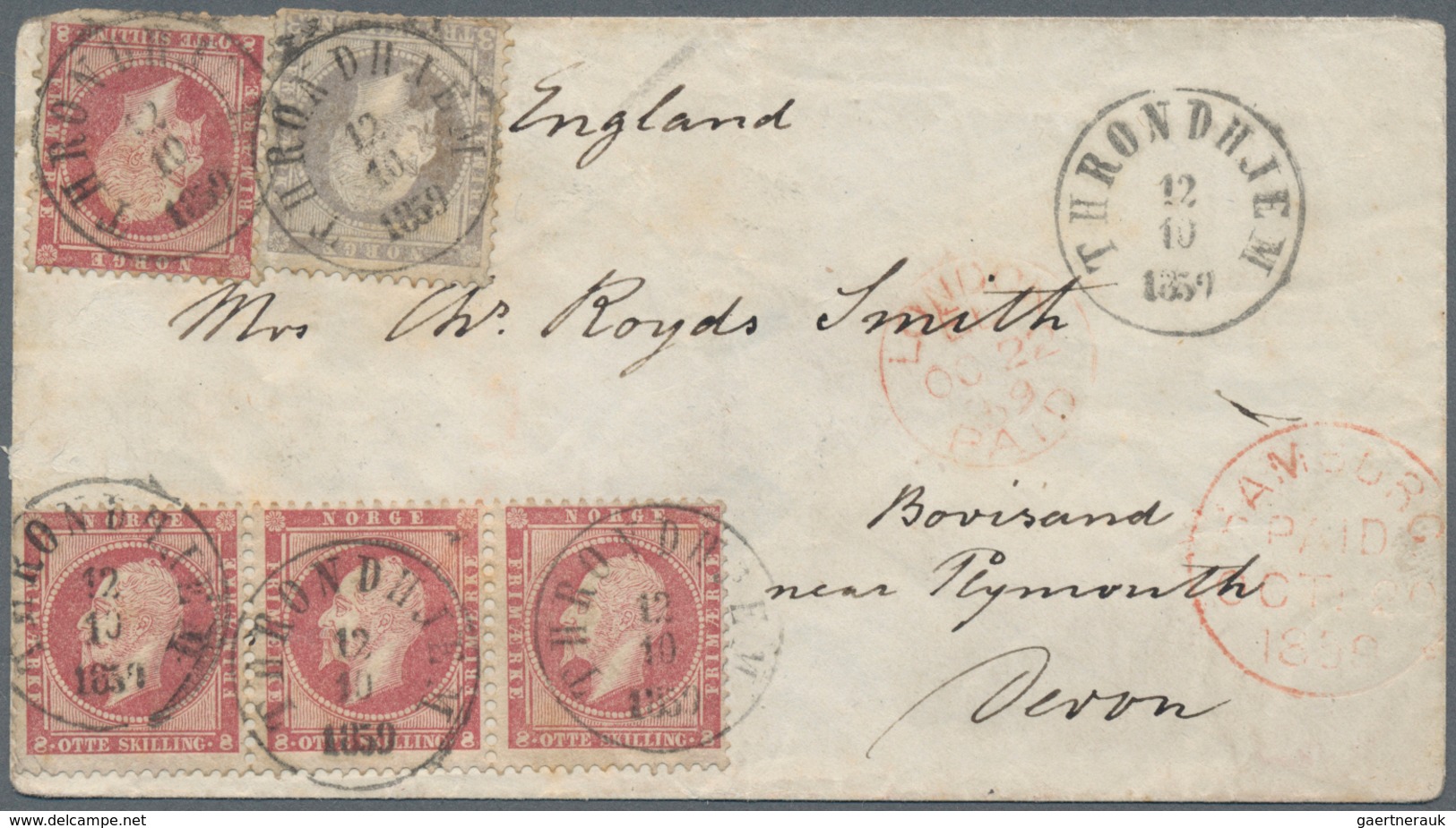 Norwegen: 1859 Cover From Throndhjem To Bovisand Near Plymouth, England Via Hamburg And London, Fran - Sonstige & Ohne Zuordnung