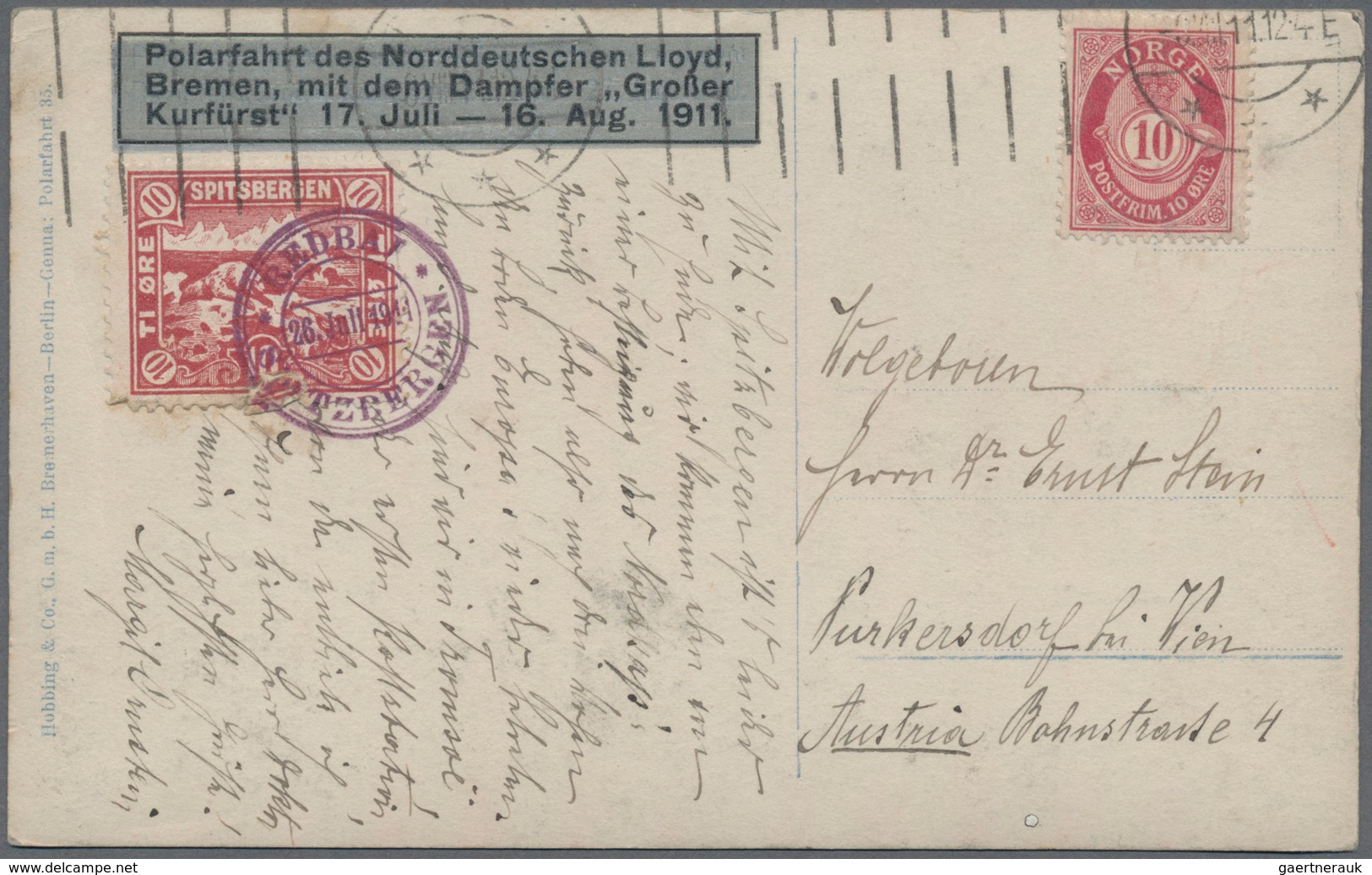 Norwegen - Privatpost Spitzbergen: 1911, Spitsbergen 10 Öre Green 'icebear Hunting', Tied By Violet - Local Post Stamps