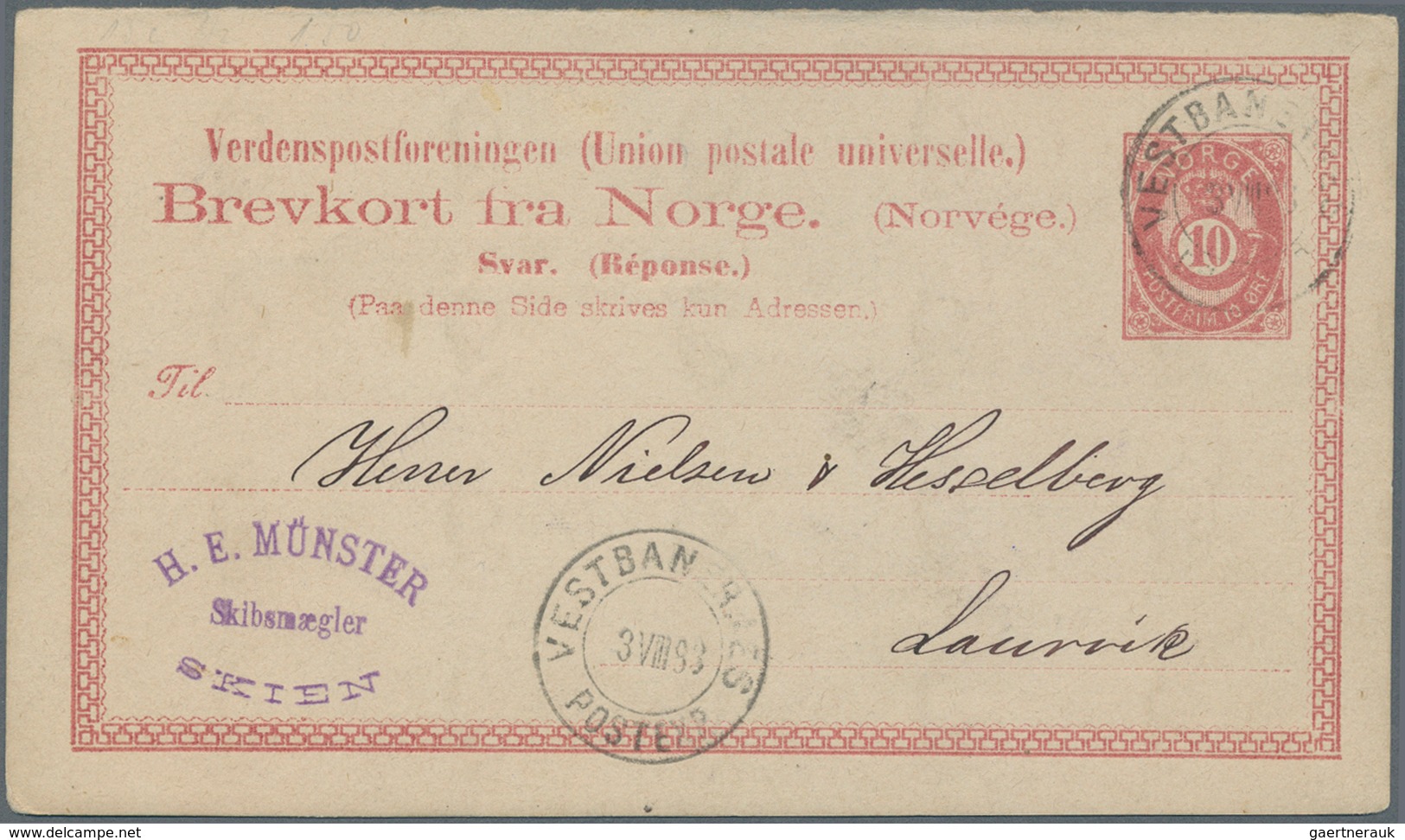 Norwegen - Ganzsachen: 1880, 2 Ganzsachen-Antwortkarten 6 Gr. Rot Mit Text Und 10 Gr. GS.-Doppelkart - Ganzsachen