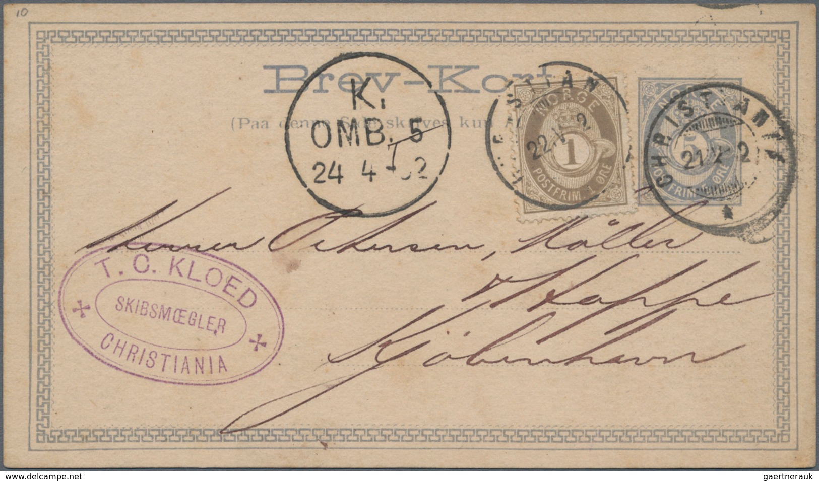 Norwegen - Ganzsachen: 1882, 5 Öre Grey Postal Stationery Card With 1 Öre Additional Franking From C - Postal Stationery