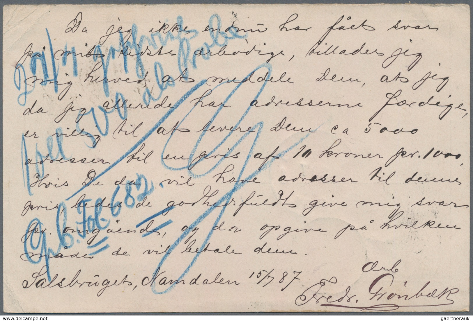 Norwegen - Ganzsachen: 1887, 5 Öre Question Part With Additional 5 Öre Franking, Card Sent From NAMS - Postal Stationery