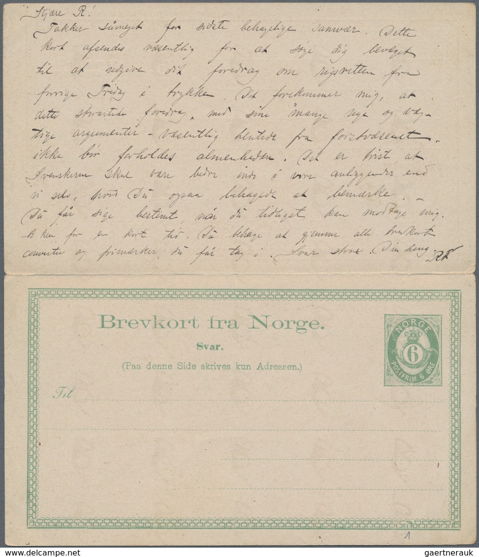 Norwegen - Ganzsachen: 1889, 6 Öre Green Postal Stationery Double Card From Christiania To Sweden, G - Ganzsachen