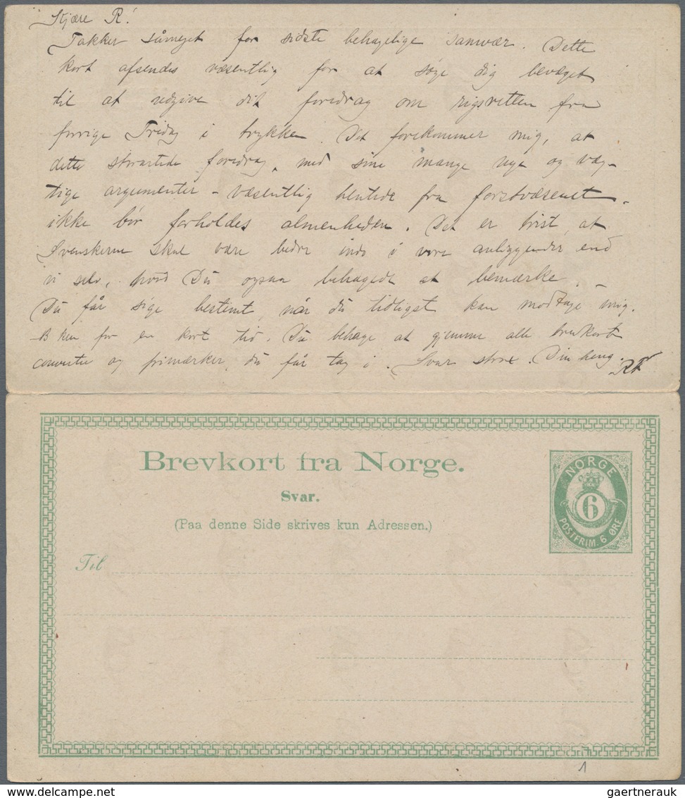 Norwegen - Ganzsachen: 1889, 6 Öre Green Postal Stationery Double Card From Christiania To Sweden, G - Postal Stationery