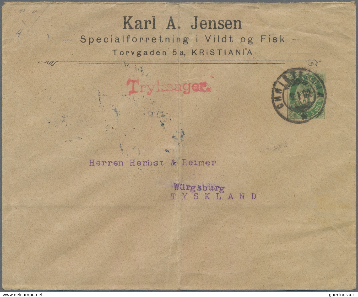 Norwegen - Ganzsachen: 1892, 5 Öre Private Stationery Envelope As Printed Matter From Christiania To - Postal Stationery