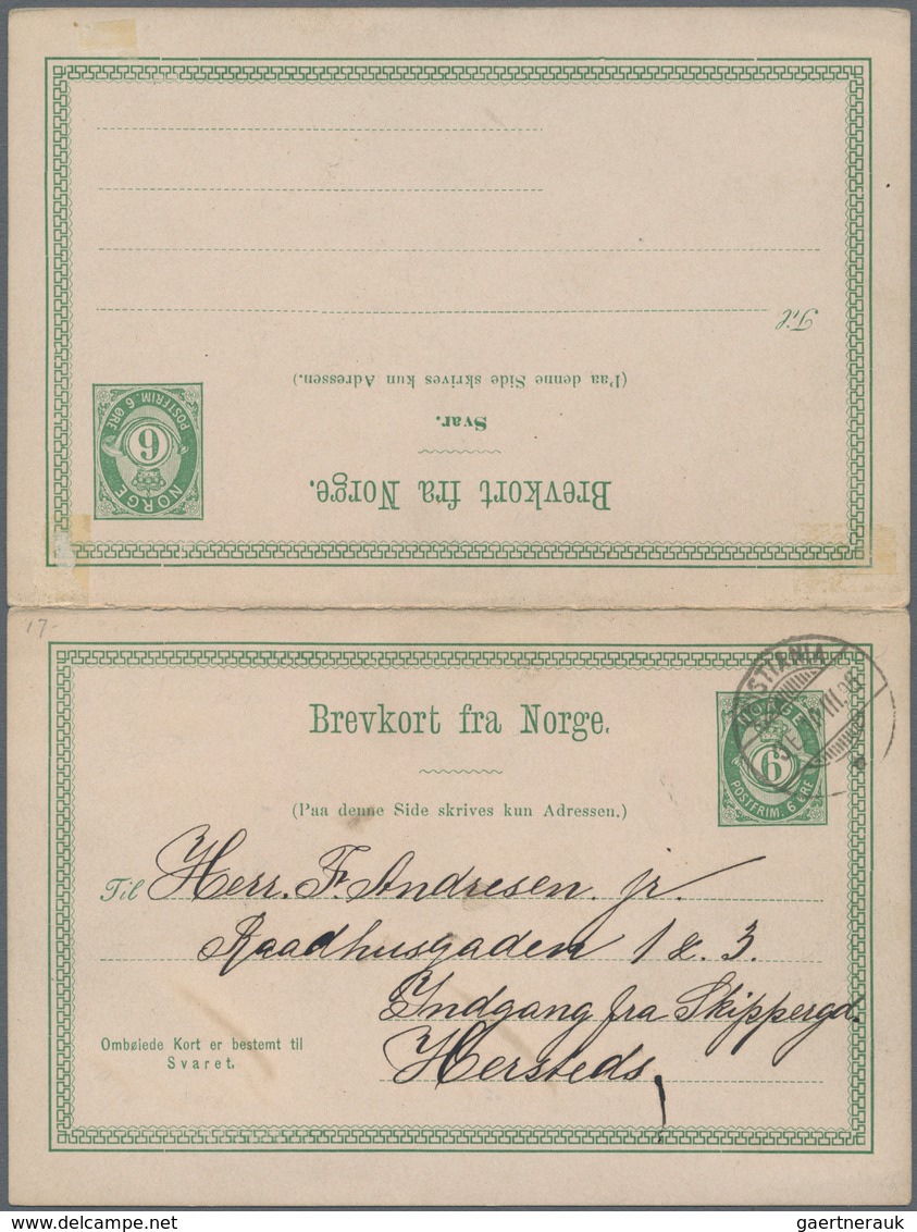 Norwegen - Ganzsachen: 1896, 6 Öre Green Postal Stationery Double Card From Christiania To Hersteds, - Ganzsachen