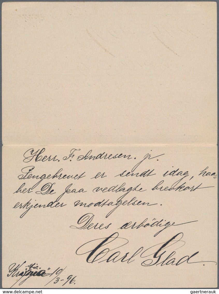 Norwegen - Ganzsachen: 1896, 6 Öre Green Postal Stationery Double Card From Christiania To Hersteds, - Ganzsachen