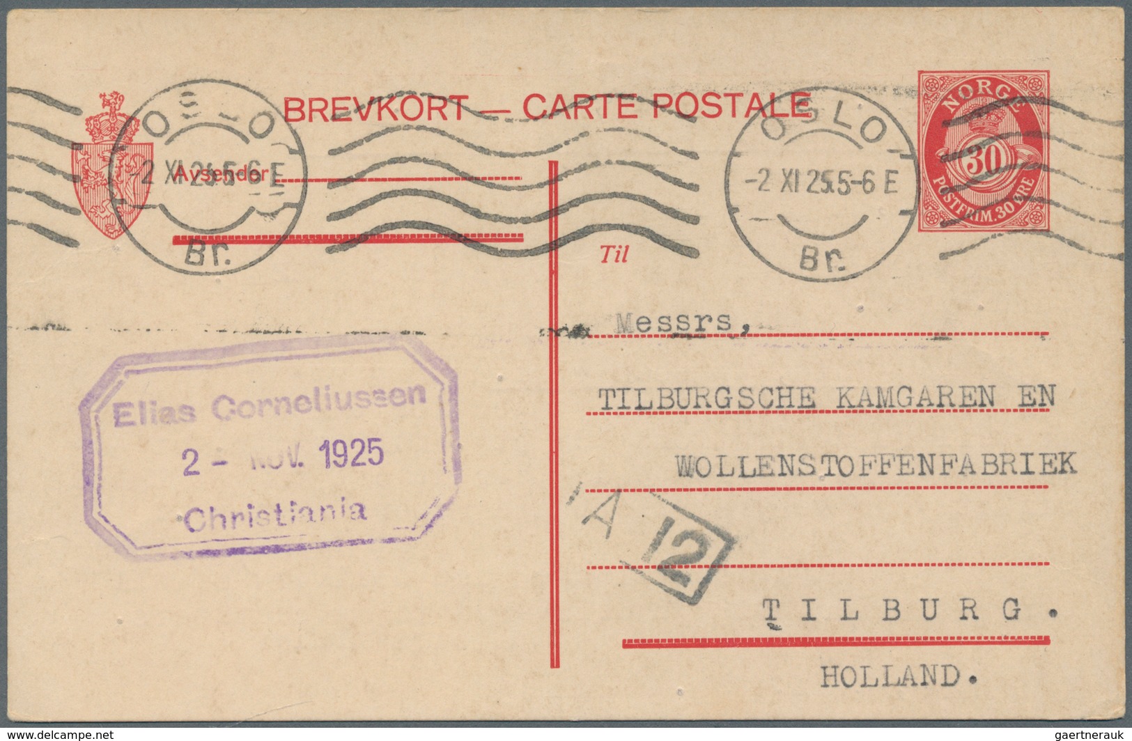 Norwegen - Ganzsachen: 1924, 30 Öre Ganzsachenkarte Gebraucht Ab OSLO Nach Holland/Niederlande (Mi. - Postal Stationery