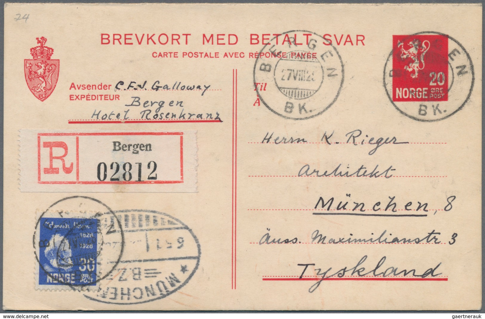 Norwegen - Ganzsachen: 1928, 20 Öre Double Card, Question Part, Used And Uprated With 30 Öre Ibsen, - Ganzsachen