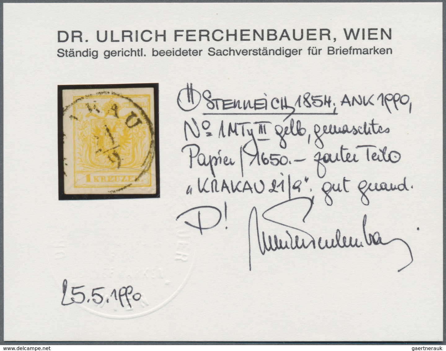 Österreich: 1850, Freimarke 1 Kr. Gelb Gemaschtes Maschinenpapier, Type III, Entwertet Mit Zartem Te - Gebruikt