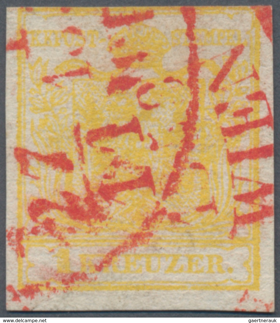 Österreich: 1854, 1 Kreuzer Maschinenpapier, Type II, Chromgelb Mit Zwei Roten Teilabschlägen Des Wi - Used Stamps