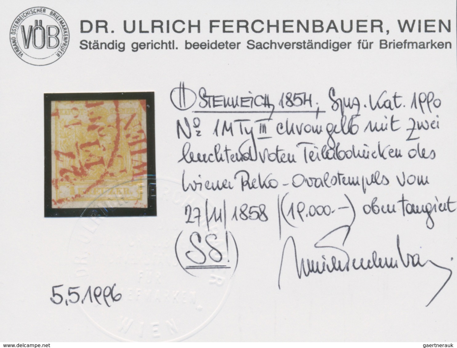 Österreich: 1854, 1 Kreuzer Maschinenpapier, Type II, Chromgelb Mit Zwei Roten Teilabschlägen Des Wi - Gebruikt