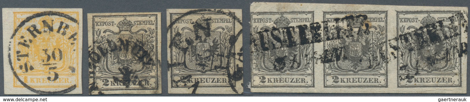 Österreich: 1850, Sechs Werte HP Dabei 1 Kr. Gelb Und 2 X 2 Kr. Schwarz Jeweils Eine Marke Mit Wasse - Used Stamps