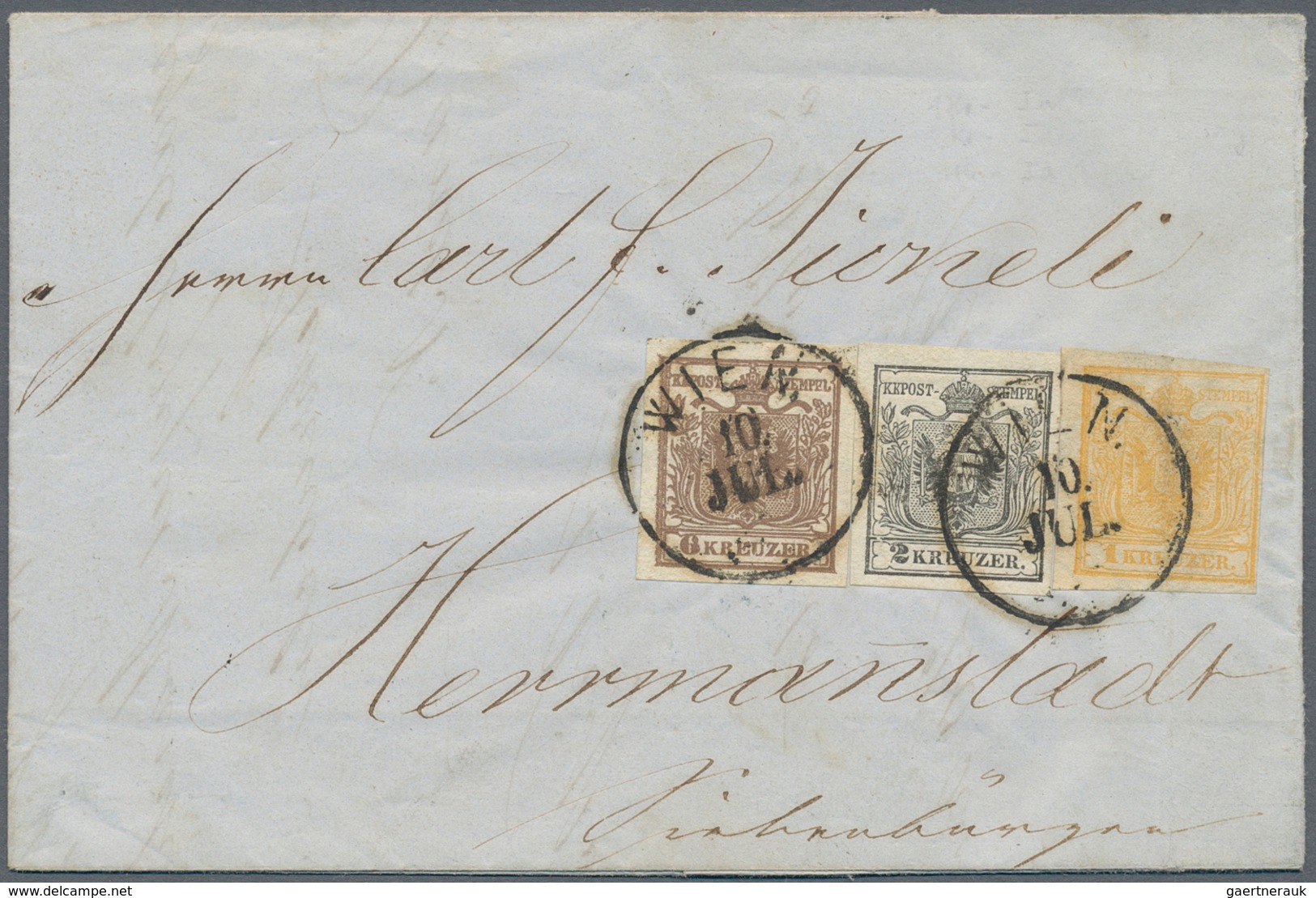 Österreich: 1850, 1 Kr Gelbocker, 2 Kr Grauschwarz Und 6 Kr Braun, Handpapier, Alle Marken Voll- Bis - Gebruikt
