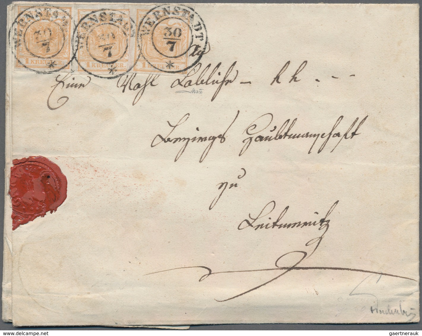 Österreich: 1850, 1 Kr. Braunorange, Handpapier, Drei Farbfrische Und Allseits Voll- Bis Breitrandig - Used Stamps