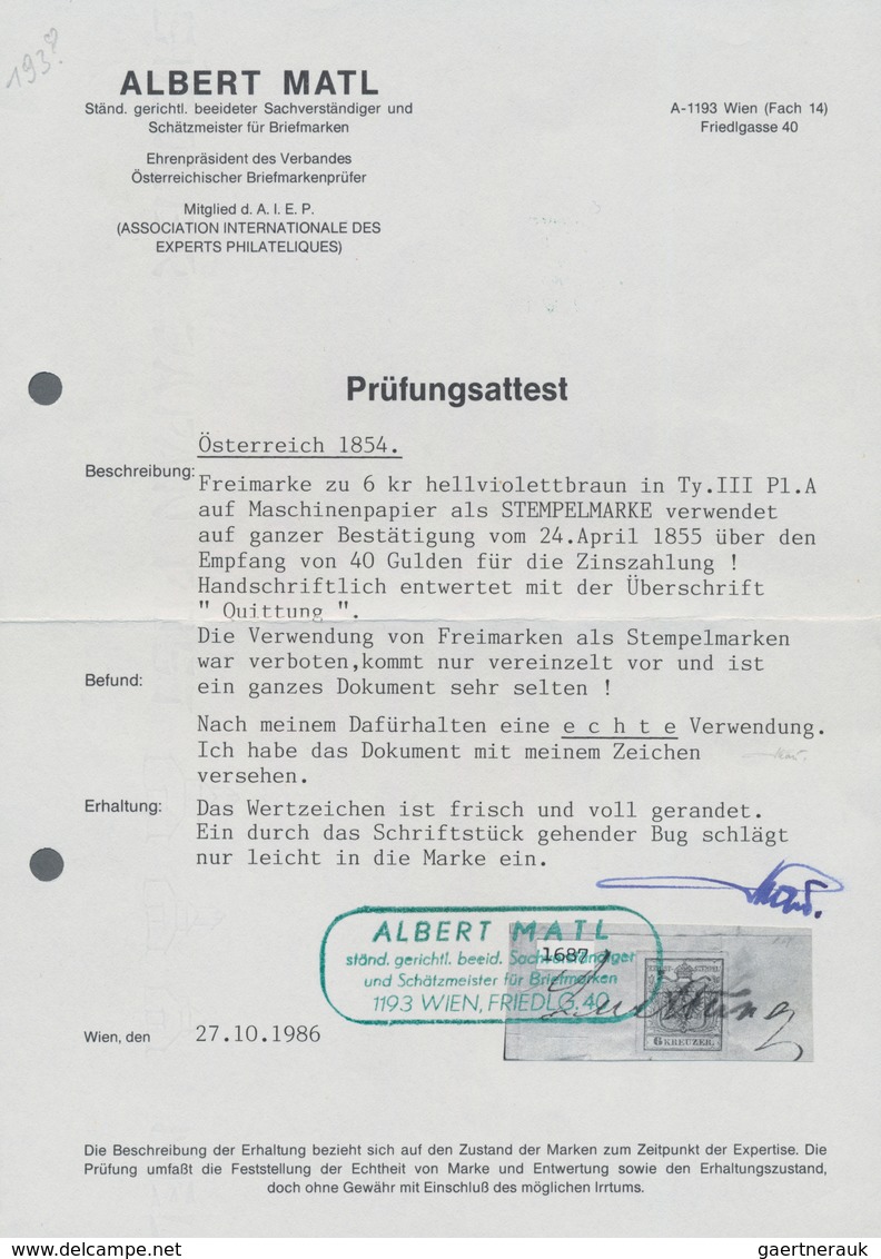 Österreich: 1855, 6 Kr Braun, Maschinenpapier, Allseits Vollrandig, FISKALISCH Verwendet Auf Bestäti - Gebruikt