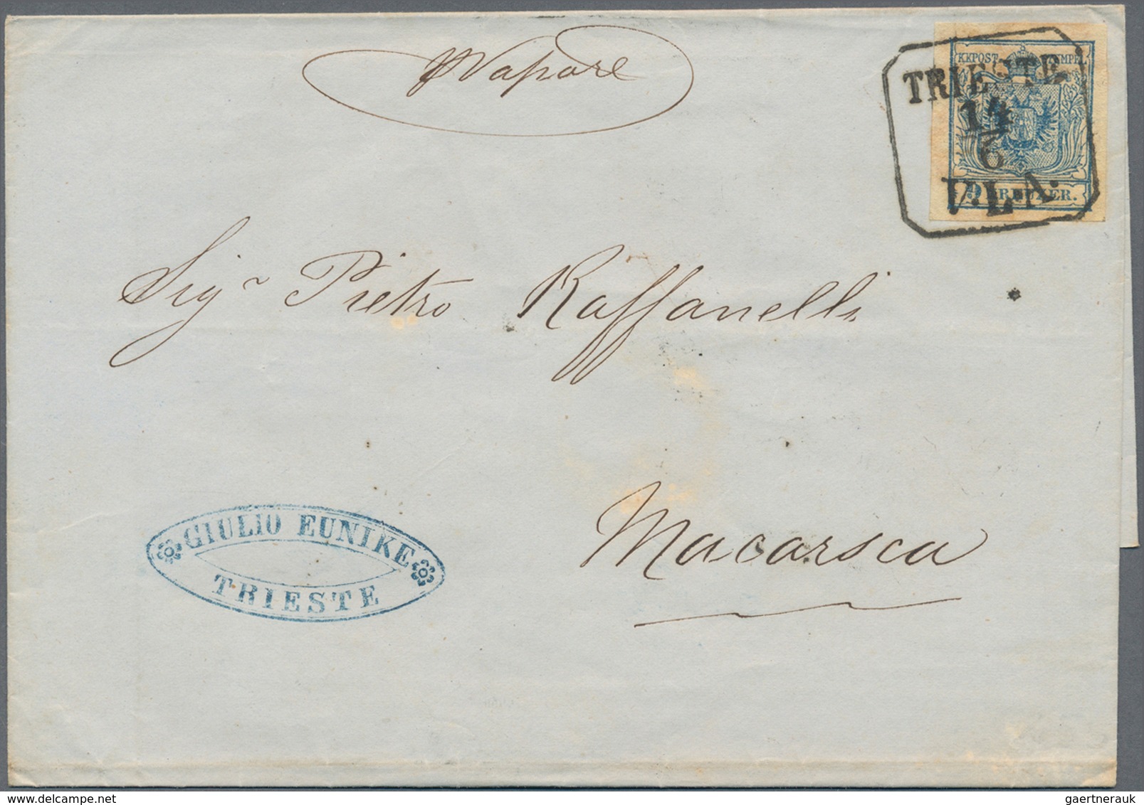 Österreich: 1850/1854, 9 Kr Blau, Allseits Breitrandig, Sauber Gestempelt Mit Schiffspost-Rahmenstem - Used Stamps
