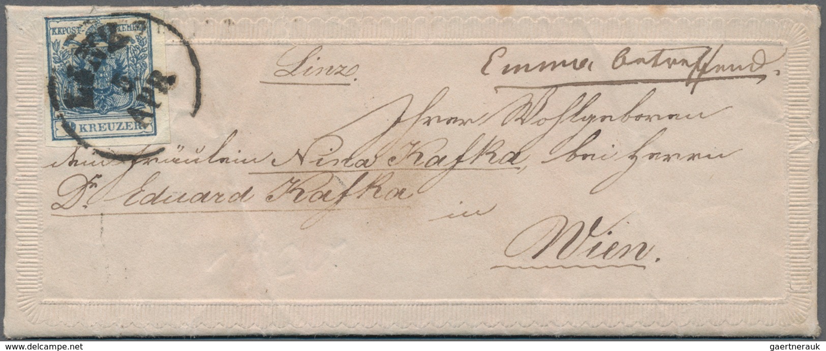 Österreich: 1850/1864 (ca.), Zwei Präge-Zierbriefe: 9 Kr. Blau Von Linz Nach Wien Und 10 Kr. Blau Vo - Gebruikt