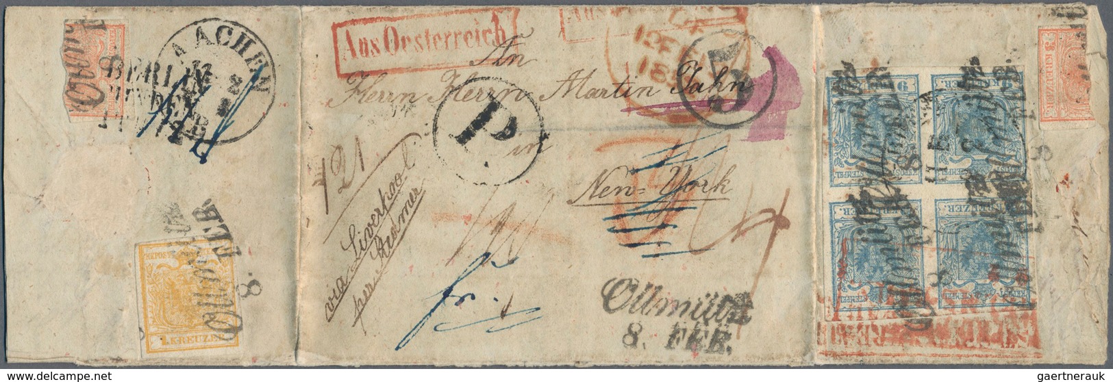 Österreich: 1850, 9 Kr Blau, Handpapier, Type IIa, Im Viererblock, Allseits Vollrandig, Zusammen Mit - Gebraucht