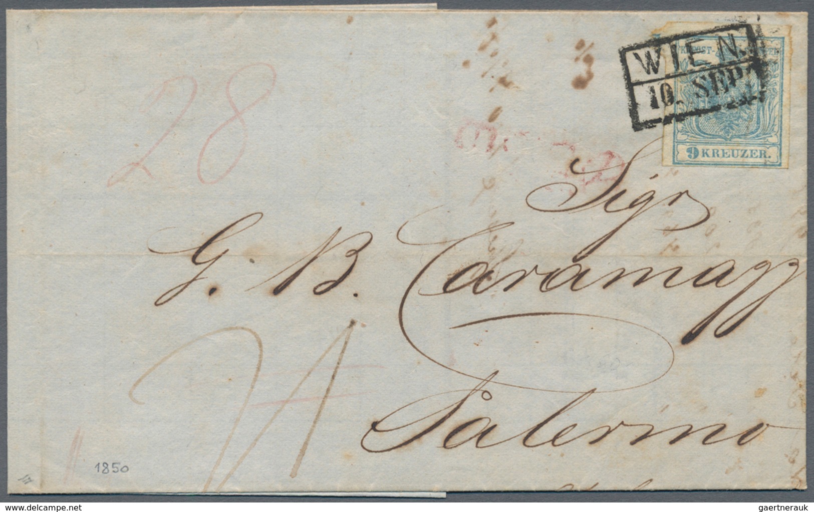 Österreich: 1850 (10 Sept.), Teilfrankierter Faltbrief Mit 9 Kr. Hellblau Von Wien Nach Messina, Siz - Gebruikt