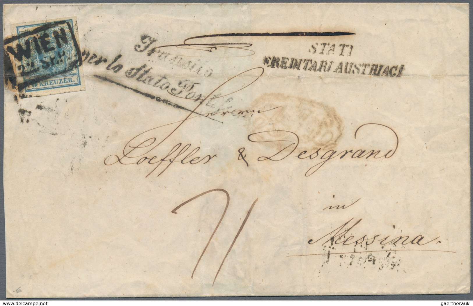 Österreich: 1851 (22 Sept.), Teilfrankierter Faltbrief Mit 9 Kr. Hellblau Von Wien Nach Messina, Siz - Gebruikt