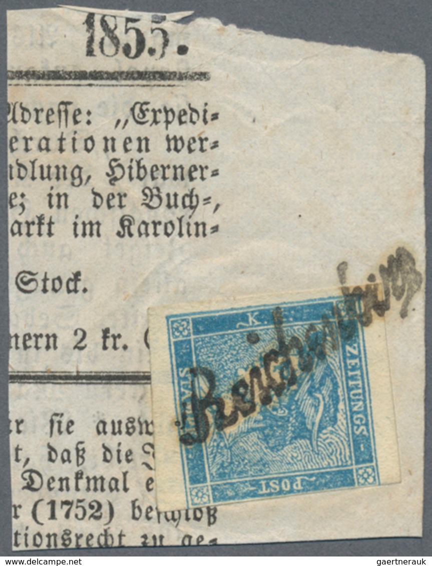 Österreich: 1851 Merkurkopf Zeitungsmarke 0,6 Kr Blau, Type II Mit Einzeiler „REICHENBURG“ (Böhmen, - Gebruikt