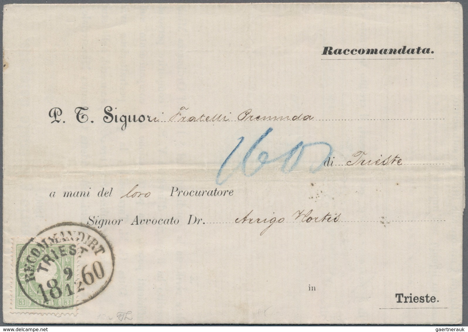 Österreich: 1860, 3 Kr. Grün Und Rs. 5 Kr. Rot, Portogerechte Frankatur Auf Orts-R-Brief Von "TRIEST - Used Stamps