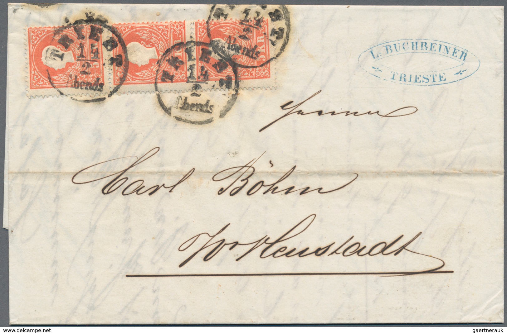 Österreich: 1858, 5 Kr. Rot, Type I. Farb- Und Prägefrischer Dreierstreifen, üblich Zentriert Auf Ko - Gebruikt