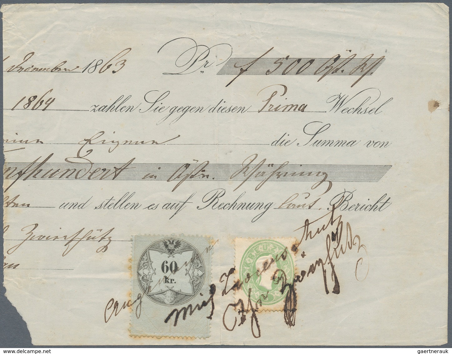 Österreich: 1863, 3 Kreuzer Grün Und Steuermarke 60 Kr Schwarz/grau, Beide Marken Handschriftlich En - Gebruikt