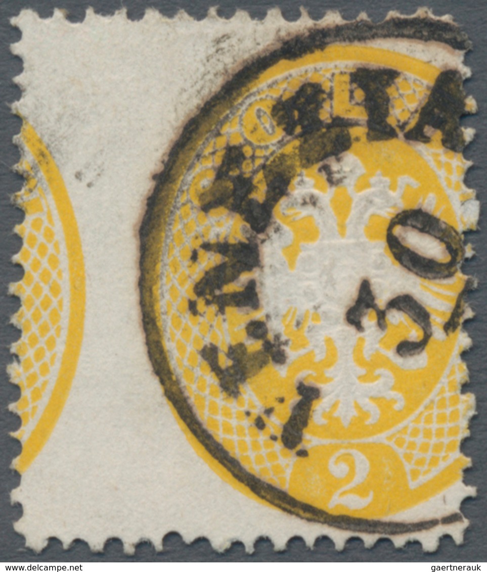Österreich: 1863, 2 Kr. Gelb Mit Starker Verzähnung, Dadurch Zwei Markenbilder Sichtbar (rechts Oben - Gebruikt