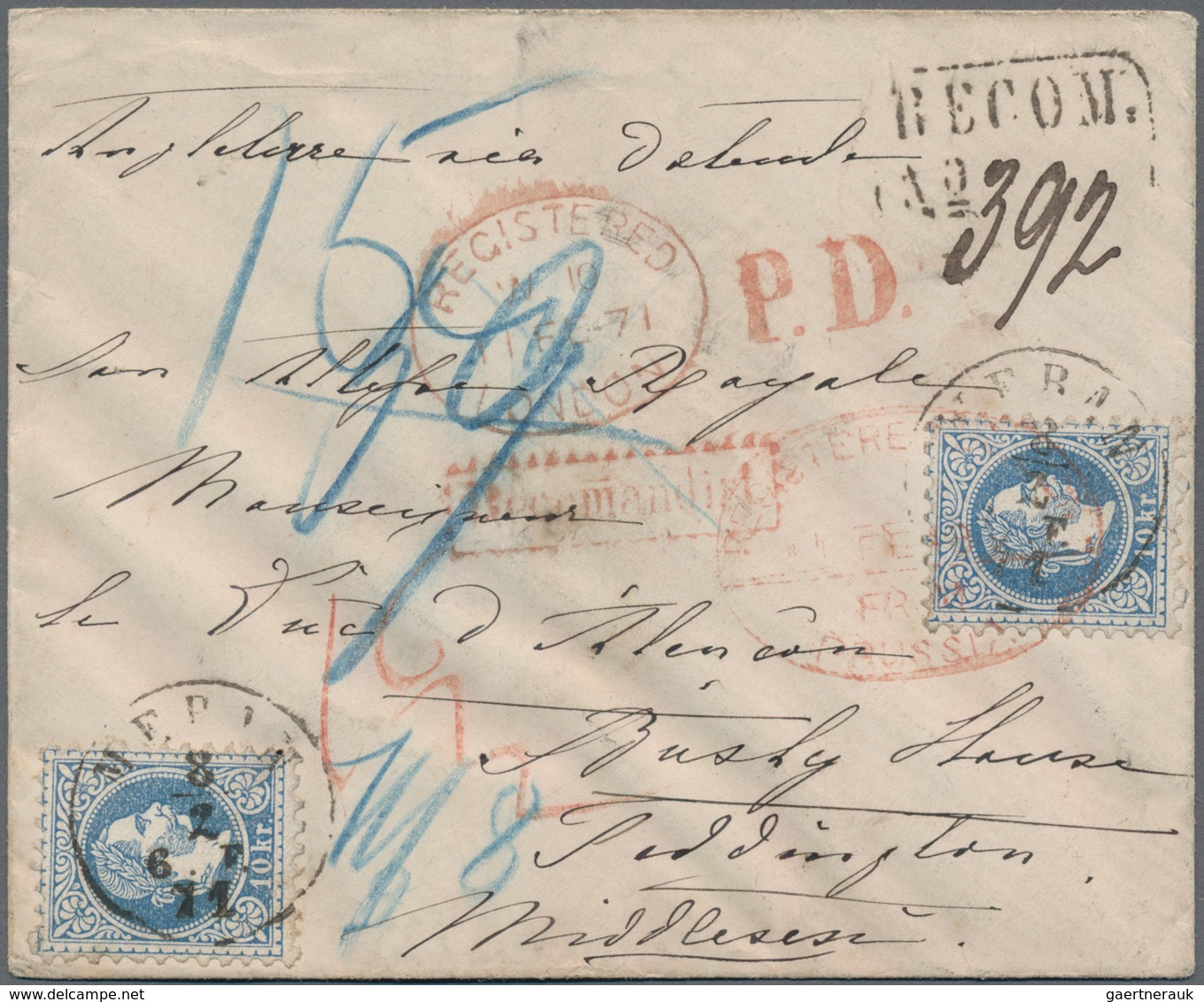 Österreich: 1871, 3 Kr. Grün Und Zwei Werte 10 Kr. Blau Vs. Und Rs. Auf R-Brief Von "MERAN 8.2.71" N - Gebraucht