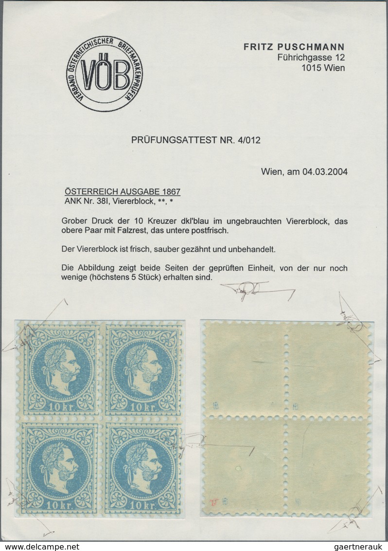 Österreich: 1867, 10 Kr. Dunkelblau, Grober Druck, Farbfrischer Und Gut Gezähnter 4er-Block, Ungebra - Gebruikt