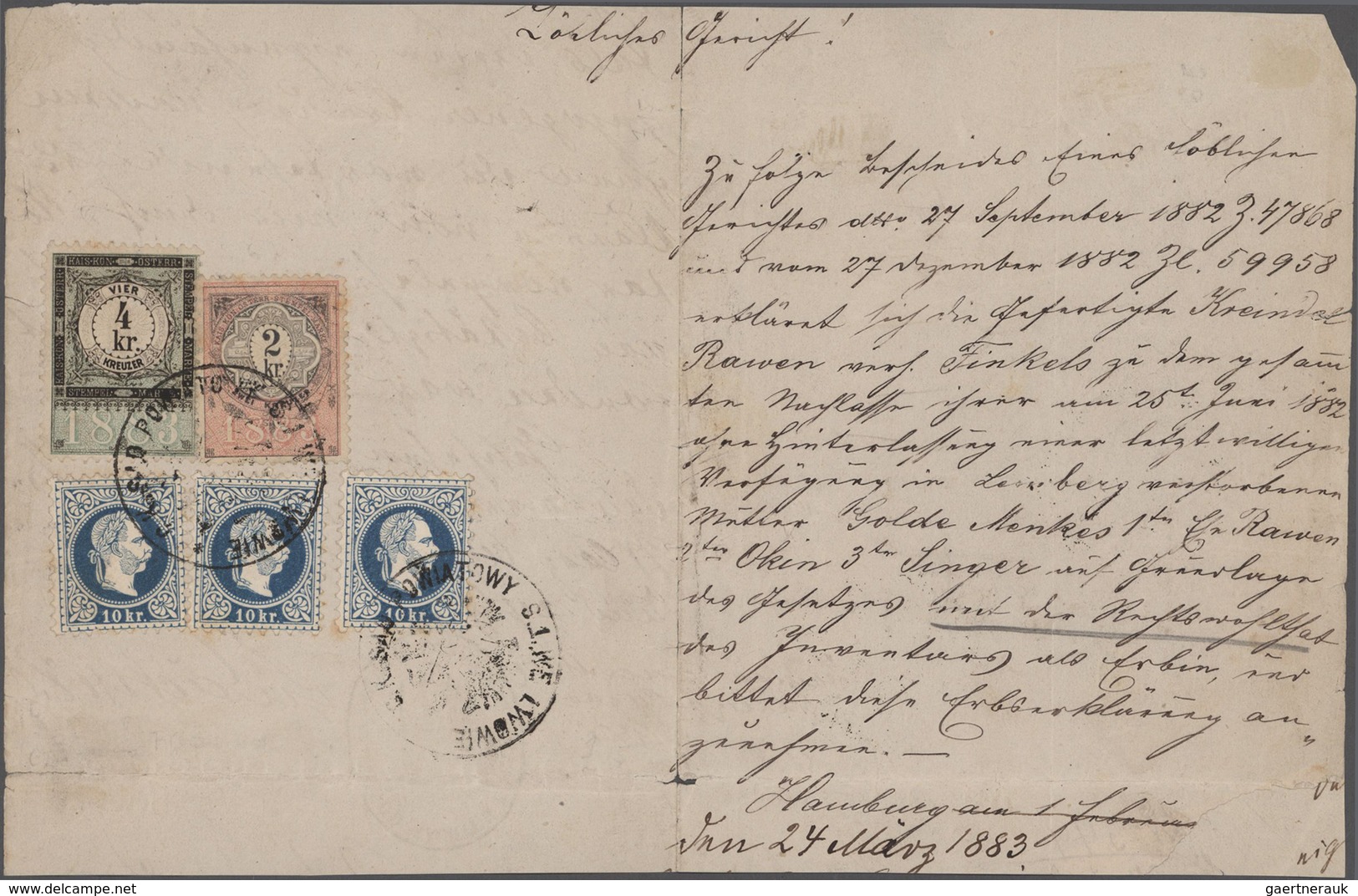 Österreich: 1883, 3 X 10 Kr Blau 'Franz-Josef', Feiner Druck, Zusammen Mit Steuermarke 2 Kr Schwarz/ - Gebraucht