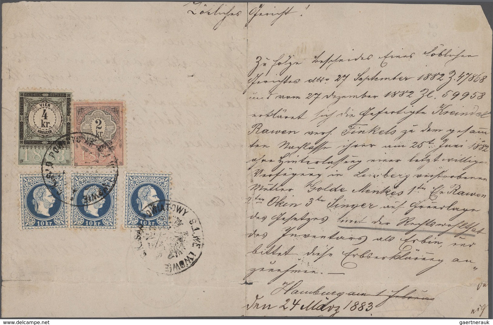 Österreich: 1883, 3 X 10 Kr Blau 'Franz-Josef', Feiner Druck, Zusammen Mit Steuermarke 2 Kr Schwarz/ - Used Stamps