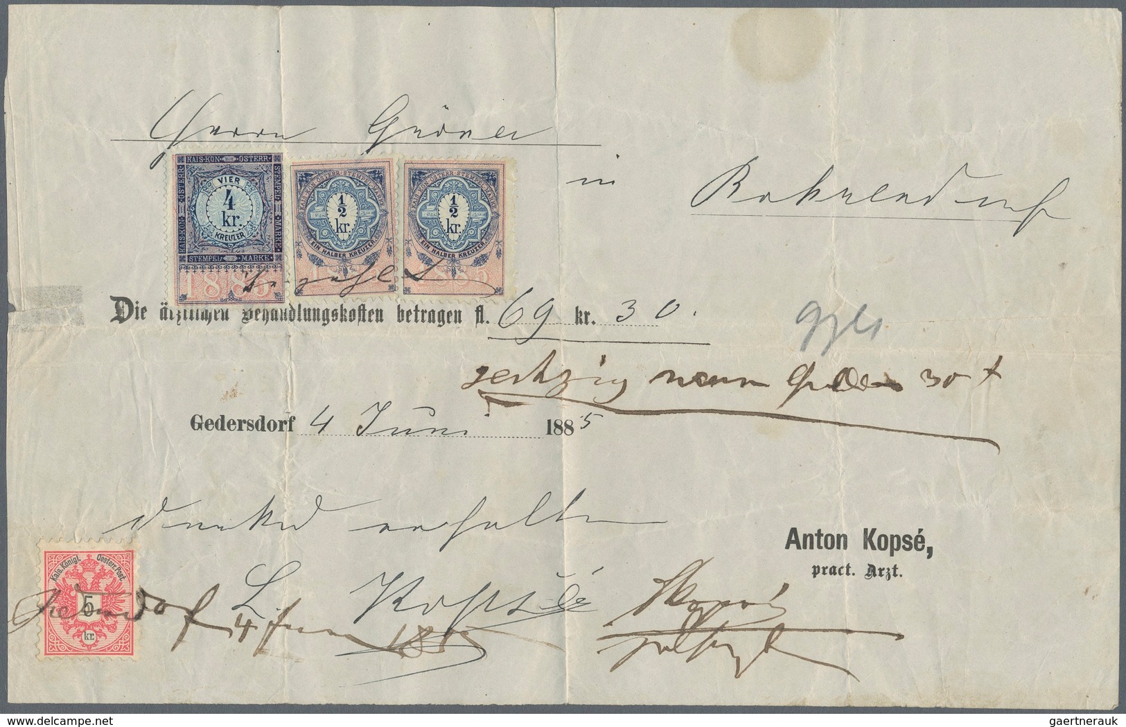 Österreich: 1885, 5 Kr Lilarot/schwarz 'Doppeladler', Zusammen 2 X 1/2 Kr U. 4 Kr Steuermarke Mit Ja - Gebruikt