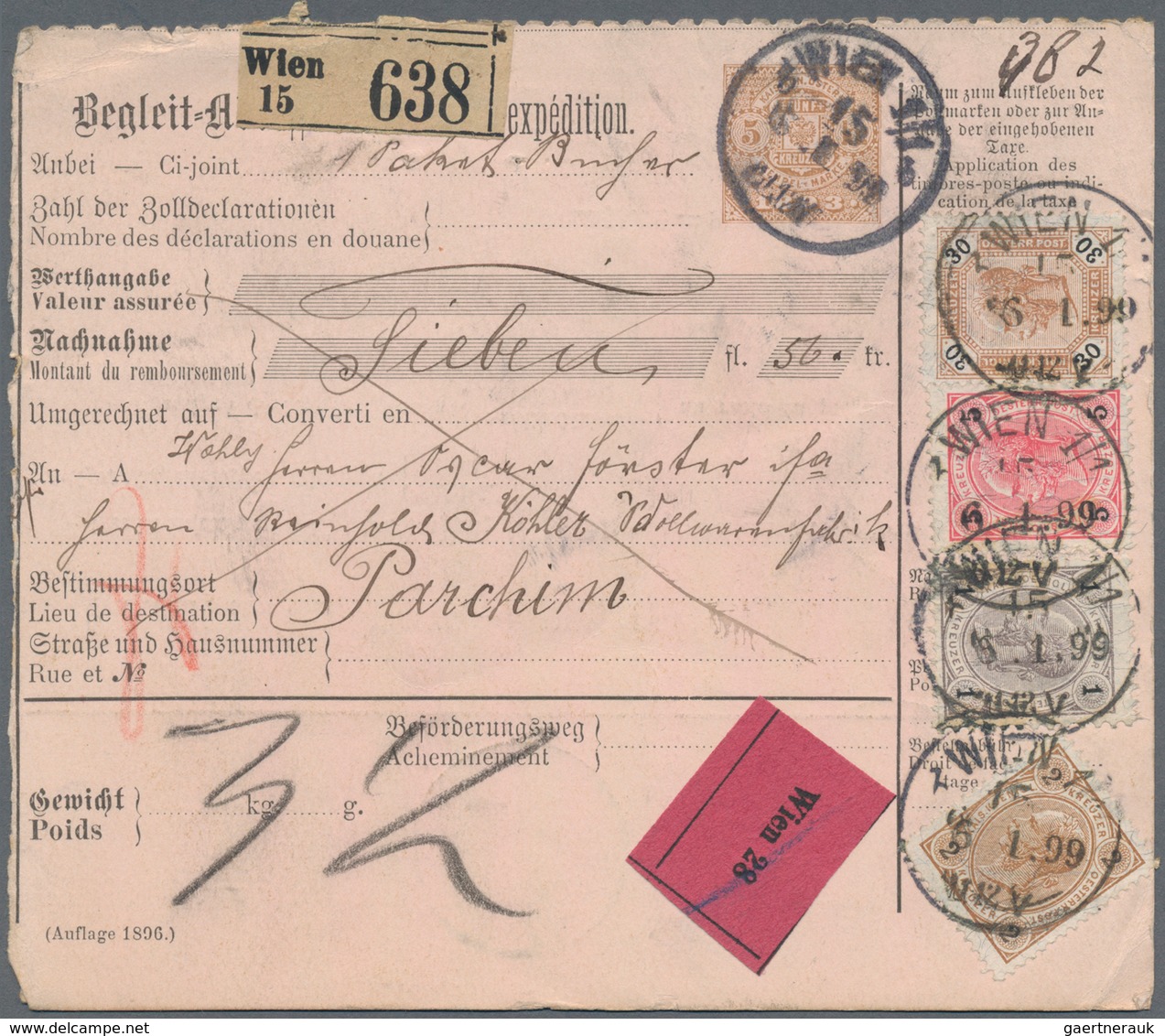 Österreich: 1899, Postbegleitadresse Für Ein Paket Ab WIEN Mit 2,3,5 Und 30 Kreuzer Zusatzfrankatur - Gebruikt