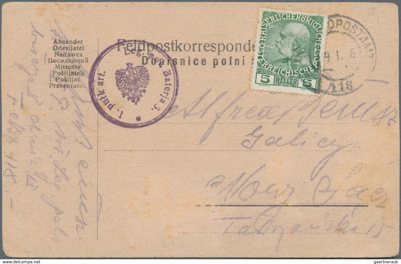 Österreich: 1916, 5 H Grün Entwertet Mit K2 "FELDPOSTAMT 118" Und Viol. Truppenstempel "1. Pulk Art. - Gebraucht