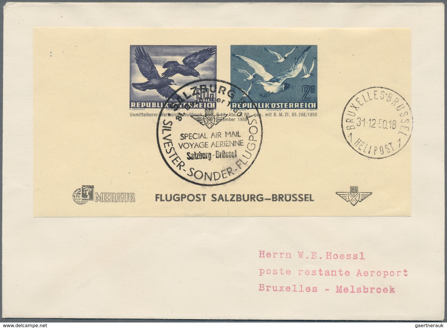 Österreich: 1950 (31.12.), Flugpost Vögel 2 S. Und 60 Gr. ADRESSZETTEL Auf Flugpostbrief Salzburg-Br - Gebraucht