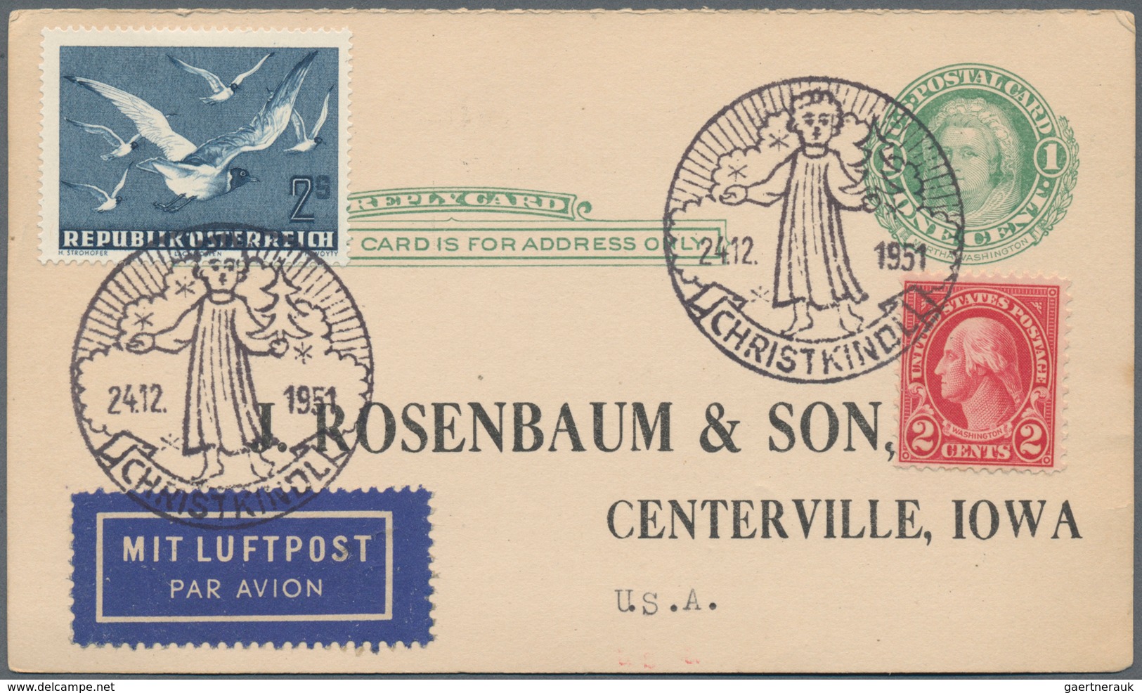 Österreich: 1951/1956. Lot Von 3 CHRISTKINDL-Belegen: Eine Amerik. Antwort-Postkarte 1c (+2c) Mit 2s - Used Stamps