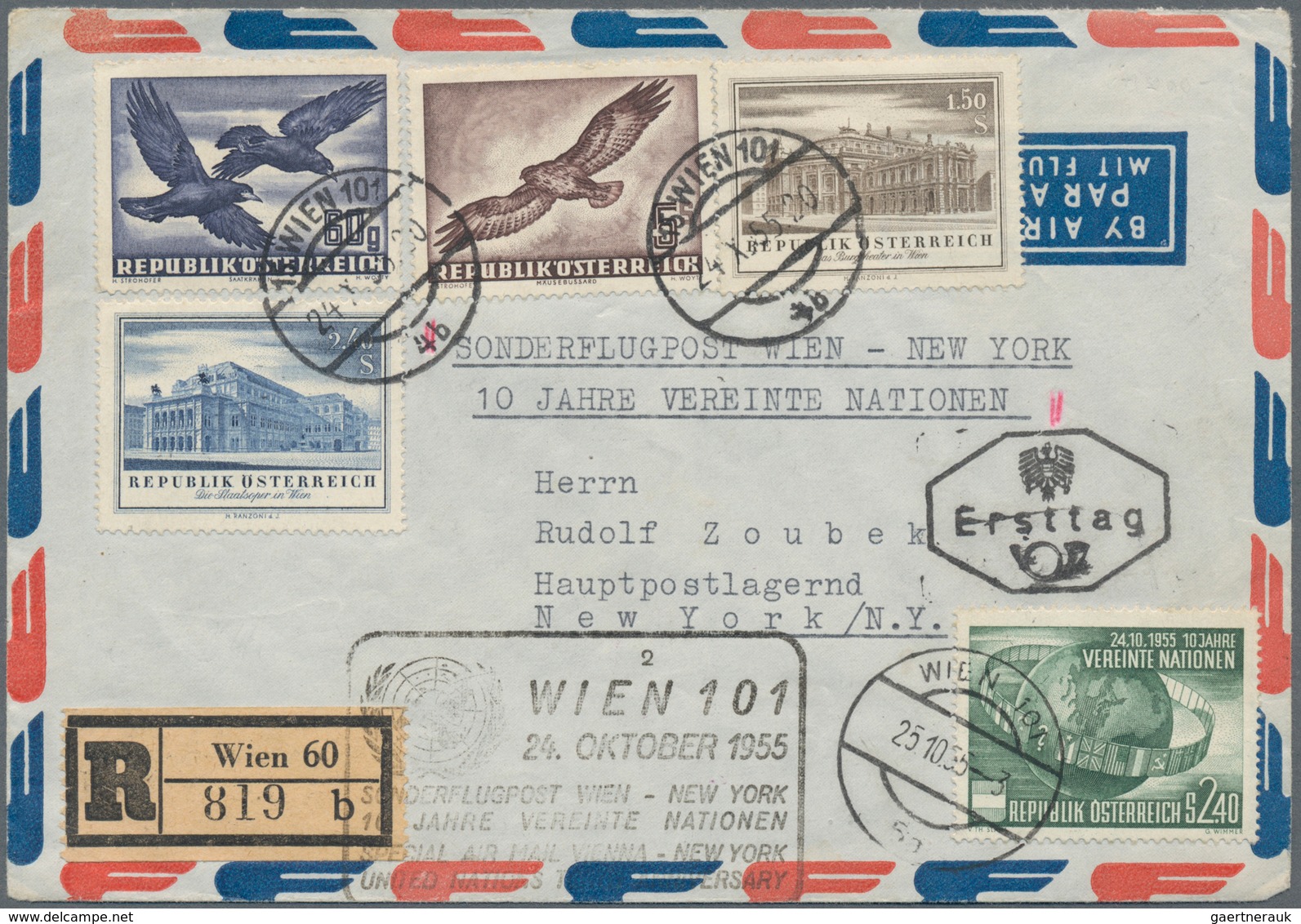 Österreich: 1955 (24.10.), Flugpost Vögel 5 S. Und 60 Gr. Sowie Drei Weitere Marken Auf R-Flugpostbr - Gebruikt