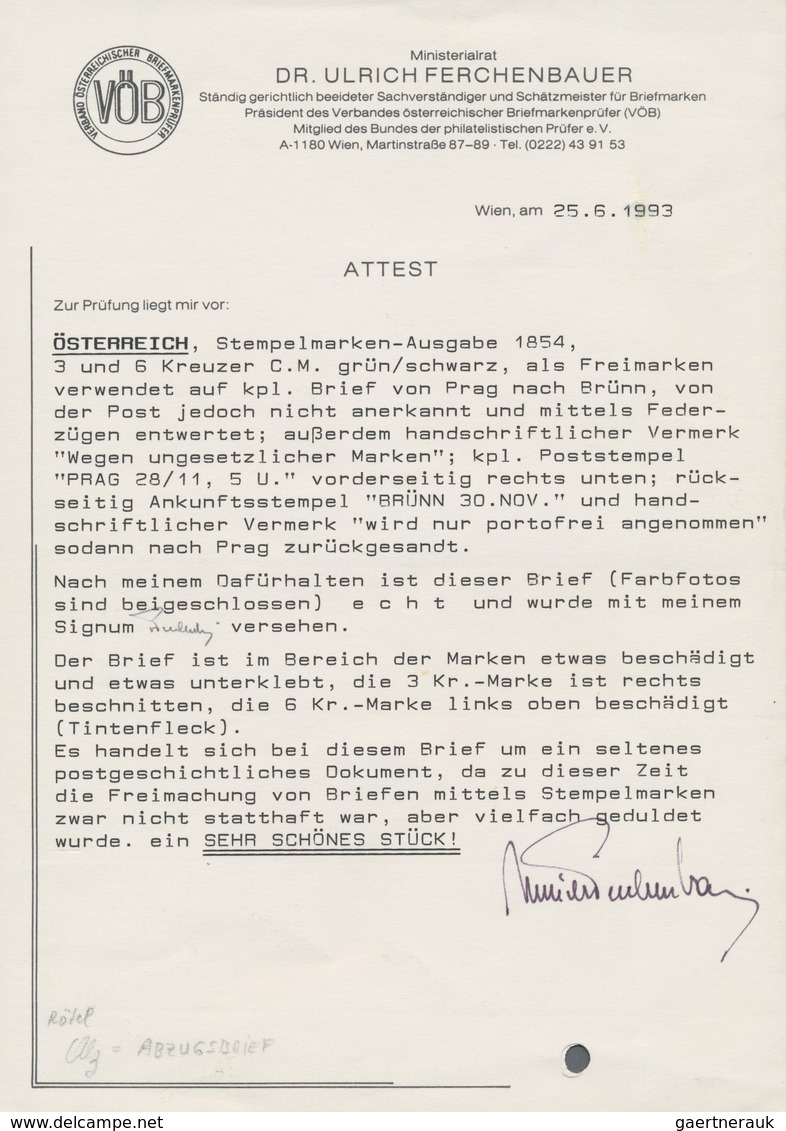 Österreich - Stempelmarken: 1854, 3 Und 6 Kreuzer C.M. Grün/schwarz Stempelmarken, Als Freimarken Ve - Fiscale Zegels