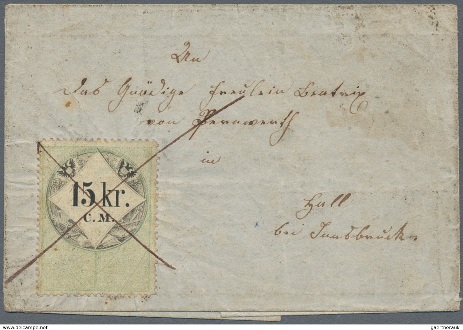 Österreich - Stempelmarken: 1855 Ca., 15 Kreuzer C.M. Grün/schwarz Stempelmarke, übergehend Mit Fede - Steuermarken