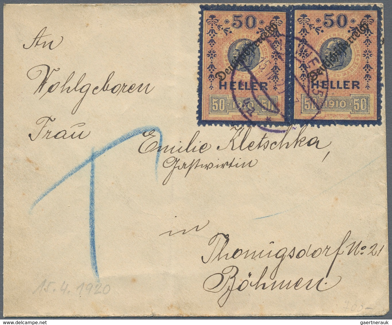 Österreich - Stempelmarken: 1920, 2 X 50 Heller Rosa/blau Fiskalmarke Mit Aufdruck 'Deutschösterreic - Steuermarken